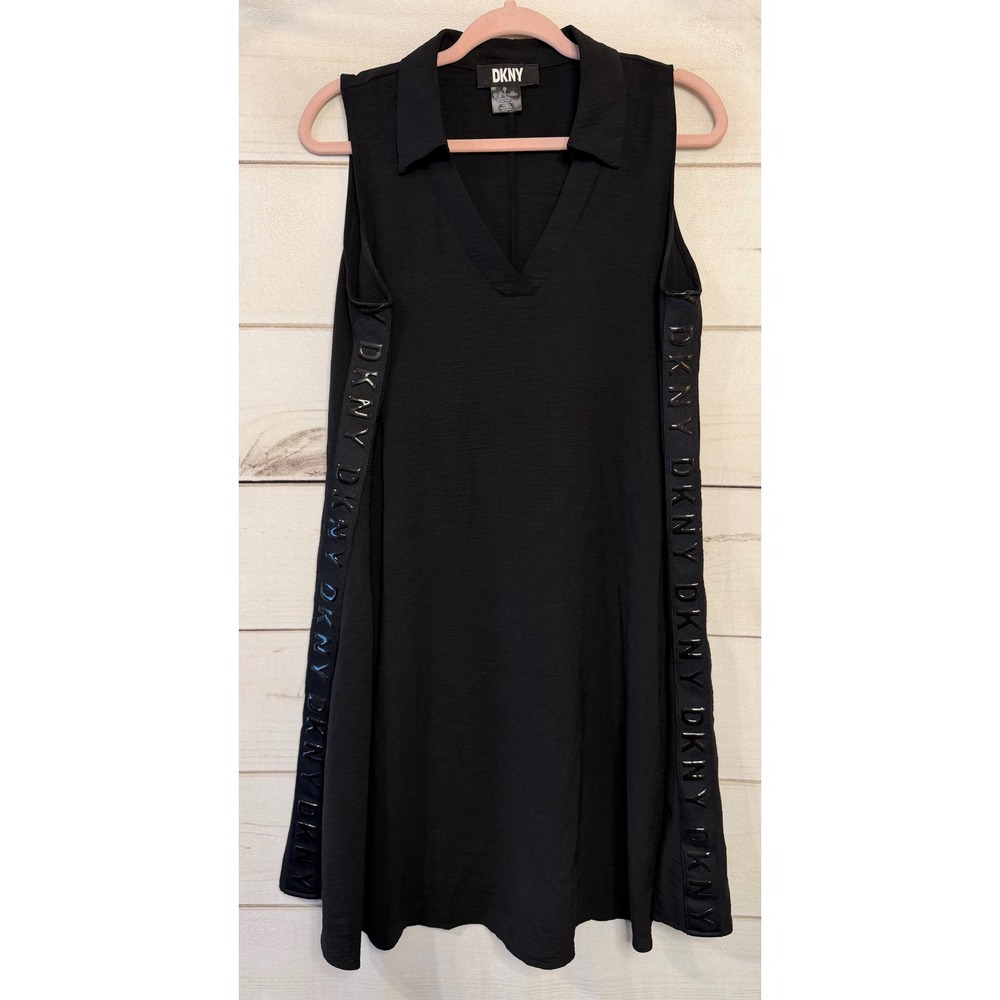 DKNY‎ Womens Black Sleeveless Logo Tape Side V-Neck Shift Dress Medium